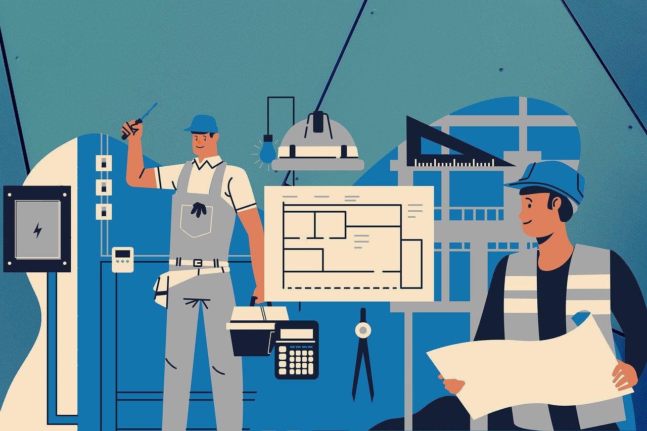 illustration d'un chef de projet avec des plans immobilier